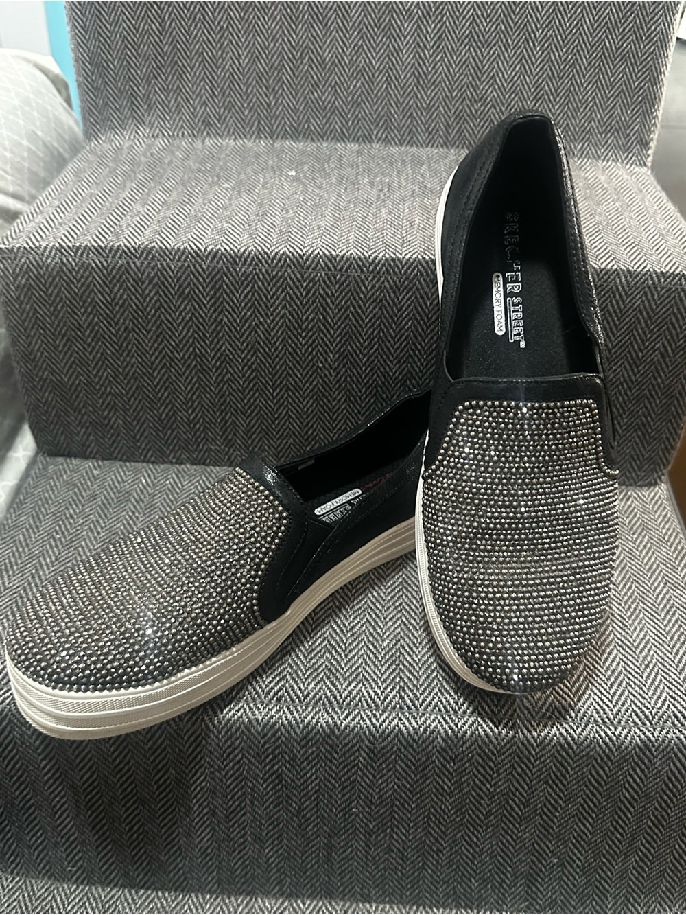 Skechers Black and Silver Slip-On Sneakers with Rhinestones